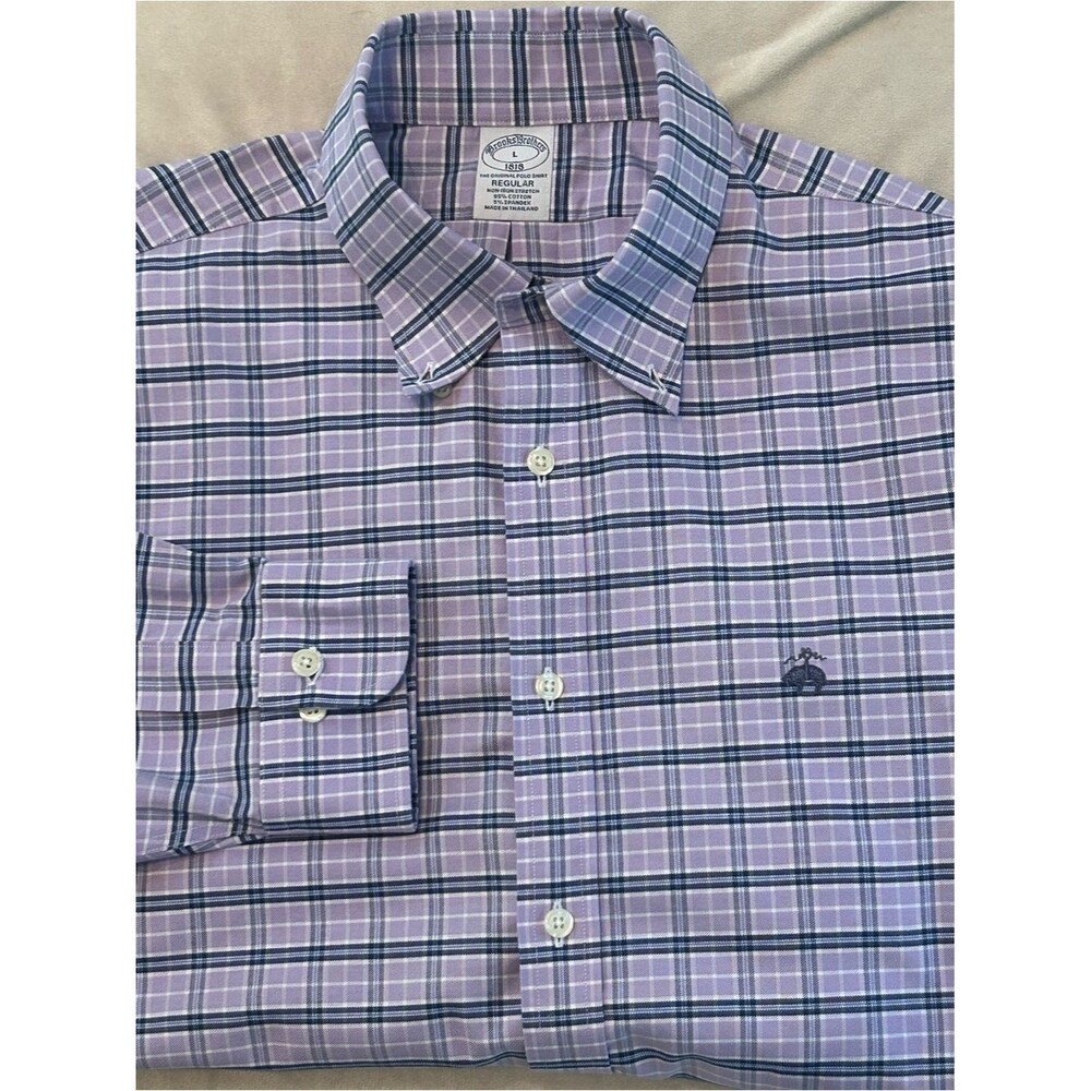 Brooks Brothers Shirt L Regular Fit Plaid Non Iron Stretch Long Sleeve Purple